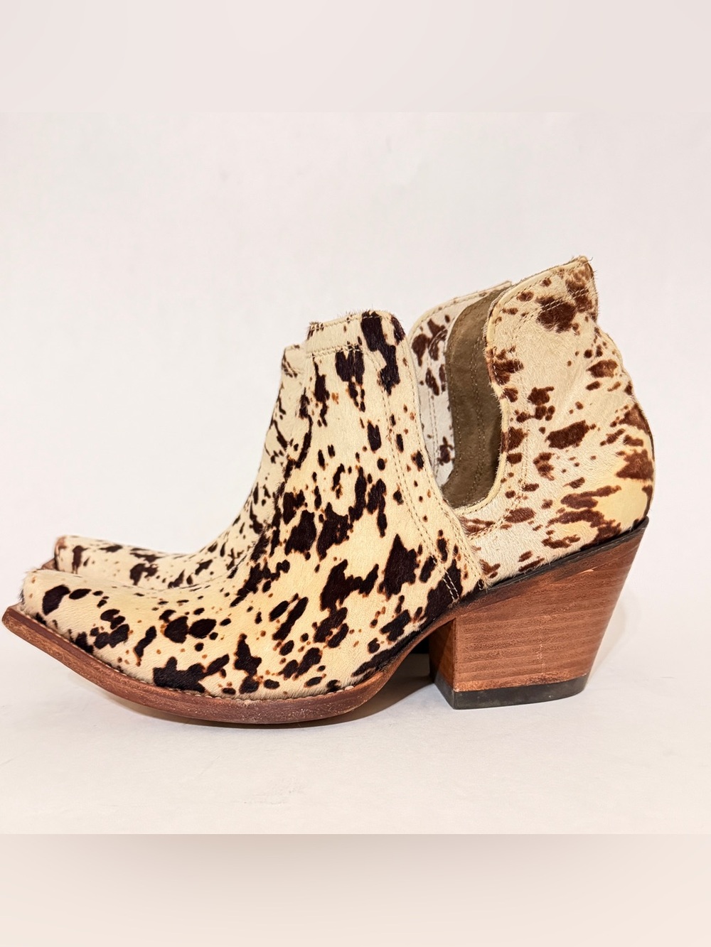 Ariat Cowhide-Print Ankle Booties in Cream and Brown